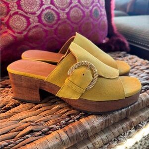 Sezane Mustard Suede Mules with Chunky Wooden Heel, Never Been Worn